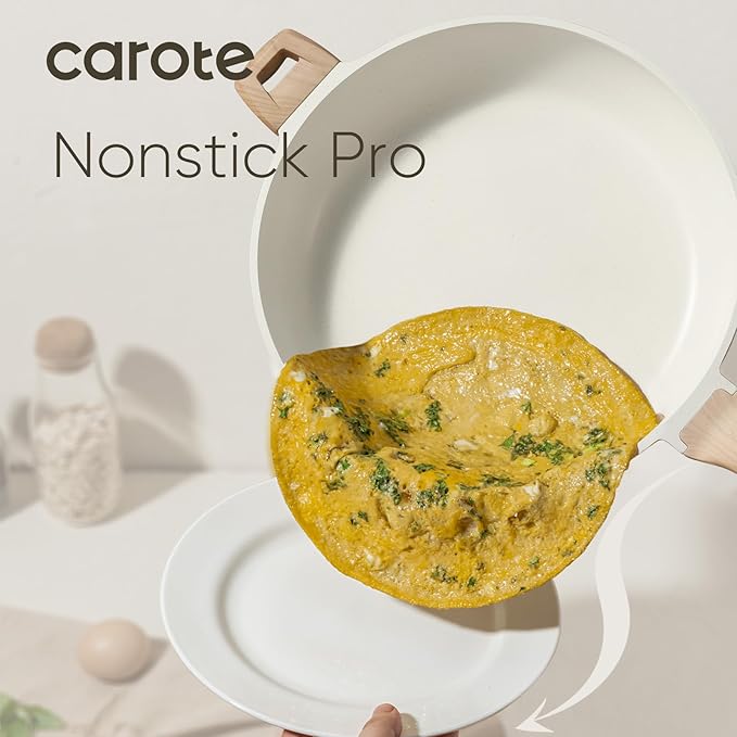 CAROTE 12.5 Inch Non Stick Frying Pan with Lid,White Granite Nonstick Skillet Omelet Pans, Egg Pan Granite Cookware, PFOS & PFOA Free