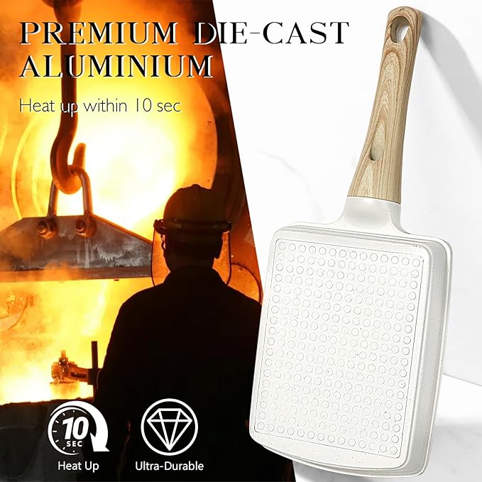 GiPP Japanese Omelette Pan, Tamagoyaki Egg Pan, Nonstick Egg Frying Pan, Rectangle Granite Cookware, PFOS & PFOA Free, White