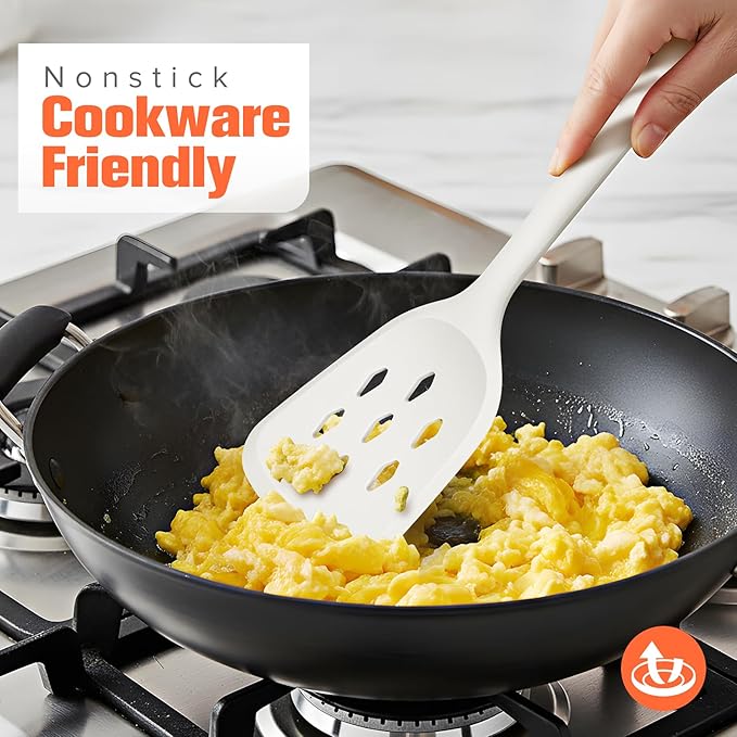Large Silicone Utensils Set of 7 for Cooking,No Scratch for Nonstick Cookware,Pasta Server,Spaghetti Spoon,Slotted Spoon&Spatula,Solid Spoon&Spatula,Skimmer,Soup Ladle BPA Free Heat Resistant (White)