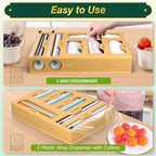 KOCWELL Bag Organizer and Plastic Wrap Dispenser with Cutter, 6 In 1 Bamboo Foil and Plastic Wrap Organizer for Kitchen Drawer, Food Storage Bag Organizer for Gallon,Quart,Sandwich,Snack(Yellow)