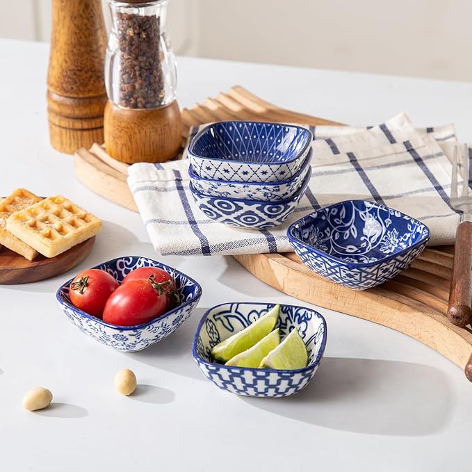 Square Dipping Bowls Set - Mini 2.6 OZ Ceramic Soy Sauce Dishes - 3 inch Small Bowls for Charcuterie, Condiments, Side Dish BBQ, Ramekins Pinch Bowls for Kitchen Prep - Set of 6 - Vintage Blue