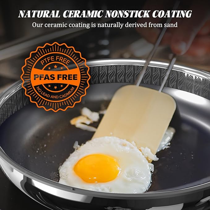 Hybrid Ceramic Nonstick Frying Pan 10", 3-Ply Stainless Steel Skillet, 2-Layer Coating, PFAS & PTFE Free Non Stick Frying Pan, 9H Hardness, Dishwasher Safe, Induction Compatible-Black