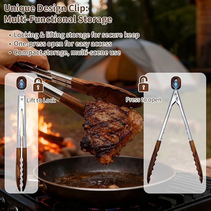Wooden Tongs for Cooking & Serving Food, Anti-Slip Long Handle Wooden Kitchen Tongs Heat Resistant, Stainless Steel Salad Tongs with Walnut Wood Tip, Locking & Hanging Cooking Utensils Set