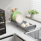 TOOLF Small Dish Drying Rack, Mini Expandable Compact Dish Rack, Slim Extendable Stainless Steel Dish Drainer for Kitchen Plate Storage, Space Saving Dish Strainer in Sink or on Home Countertop, Gray