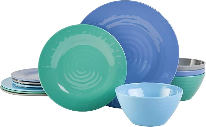Gibson Home Brist Melamine Plastic Dinnerware Set, Service for Four (12pcs), Blue