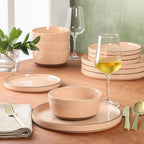 Gibson Elite Northrock Stoneware Dinnerware Set, 12-Piece Service for 4 Plates and Bowls Set – Pink Dishes with Hand-Painted Terracotta Base