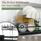 DINEST 2 Tier Dish Drying Rack with Drainboard – Rust Resistant Iron Kitchen Dish Rack with 270° Rotating Spout, Utensil & Plate Holders – Compact Drying Rack for Kitchen Counter - Black
