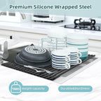 Ohuhu Over The Sink Dish Drying Rack, 20.5" W x 13.1" L Rolling Dish Drainer Foldable Sink Accessories Heat-Resistant Mat Anti-Slip Silicone Coated Dish Racks for Kitchen Counter