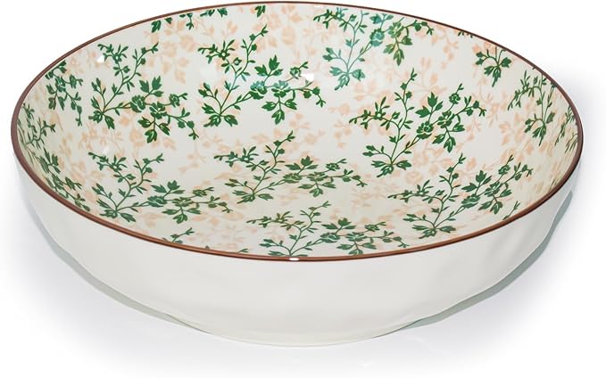 Large Serving Bowls, 78 Oz Extra Large Salad Bowl, Green Floral Pattern Design Decorative Bowls for Salad, Fruit, Pasta and Dinner, Serving Dishes for Party, Dishwasher & Microwave Safe