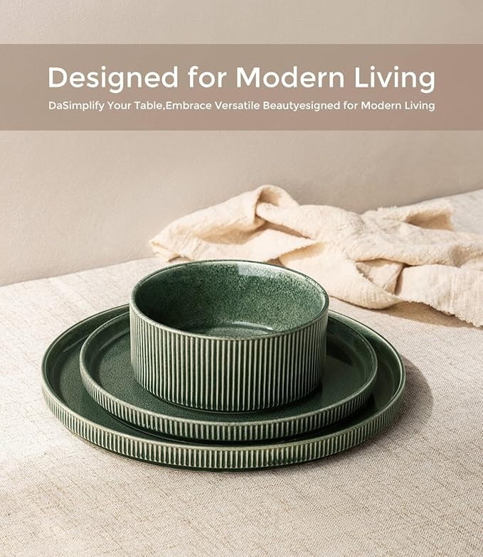 GBHOME 24-Piece Stoneware Dinnerware Set for 8 – Ribbed Ceramic Plates and Bowls, Scratch-Resistant, Microwave & Dishwasher Safe, Reactive Glaze, Dark Green