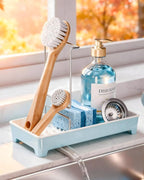 Minimalist Sink Caddy, Rustproof Sponge Holder for Kitchen Sink with 304 Stainless-Steel Brush Holder, Countertop Rack Organizer with Raised Ridges & Silicone Drain Tube (Pastel Blue, Large)