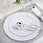 WELLIFE 210 Piece Silver Plastic Dinnerware Set for 30 Guests, Plastic Plates for Party, Include: 30 Dinner Plates, 30 Dessert Plates, 30 Pre Rolled Napkins with Silver Silverware and 30 Silver Cups