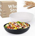 Wrova Wheat Straw Salad Bowls,65oz Unbreakable Wide and Shallow Dinner Bowls Set of 2,Microwave Safe Reusable Plastic Salad Bowls for Kids, Adults,Salad,Camping,RV.Black and White