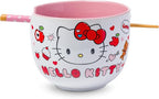 Silver Buffalo Sanrio Hello Kitty Apples and Hearts Doodles Ceramic Ramen Noodle Rice Bowl with Chopsticks, Microwave Safe, 20 Ounces