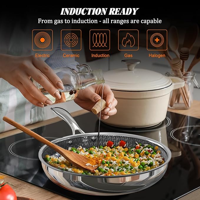 10" Hybrid Ceramic Nonstick Frying Pan, 3-Ply Stainless Steel Skillet, 2-Layer Coating, PFAS & PTFE Free, 9H Hardness & Corrosion Resistance, Dishwasher Safe, Induction Compatible-Gray Black