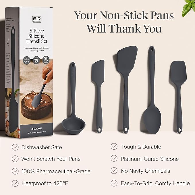 GIR 5-Piece Silicone Kitchen Utensils Set, Non-Toxic Cooking Utensils for Cooking and Baking, Heat Resistant, Food Grade, Dishwasher Safe Rubber Spatula, Ladle, Spoon - Charcoal