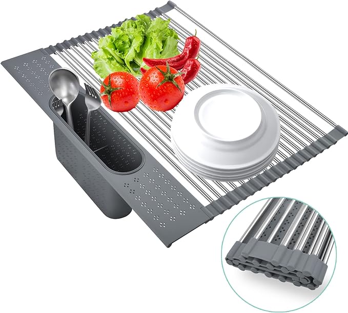 Roll-up Dish Drying Rack with Utensil Holder, Collapsible Stainless Steel (Grey, 17.5" x 15.2")