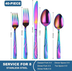 Rainbow Stainless Steel Flatware Set for 8, Ergonomic Silverware Set with Fork Spoon Knife, 40-Piece Colorful Cutlery Tableware Set - Dishwasher Safe