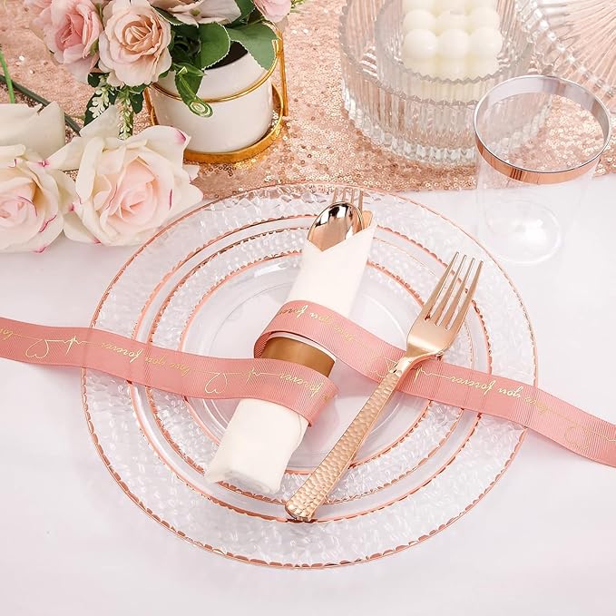 Liacere 350PCS Rose Gold Plastic Plates-Clear Rose Disposable Plates 50 Guests include 50 Dinner Plates,50 Salad Plates,50 Forks,50 Knives,50 Spoons,50 Cups,50 Napkins for Wedding & Mothers Day