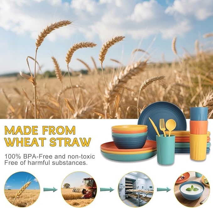 28 Piece Wheat Straw Dinnerware Sets,Plastic Dishes Set Alternative, Dishwasher & Microwave Safe Plates and Bowls Sets, Unbreakable Dinnerware Sets for 4 Dinner Plates, Cups, Cereal Bowls - Colorful