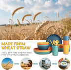 28 Piece Wheat Straw Dinnerware Sets,Plastic Dishes Set Alternative, Dishwasher & Microwave Safe Plates and Bowls Sets, Unbreakable Dinnerware Sets for 4 Dinner Plates, Cups, Cereal Bowls - Colorful