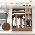 Small-Bamboo-Silverware-Drawer-Organizer, Expandable Utensil Kitchen Cutlery Tray Flatware Organization Wood Tableware Dividers Storage (with Removable Knife Block)(Brown)