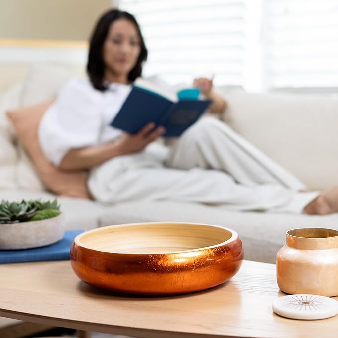 LEXA 12" Handmade Copper Bamboo Wooden Fruit Bowl for Kitchen Counter - 130 oz Lightweight Large Bamboo Wood Salad Bowl