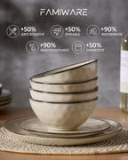 Famiware Dinnerware Sets for 8, Ocean Round 24-Piece Kitchen Plates and Bowls Sets, Microwave and Dishwasher Safe, Scratch Resistant, Light khaki