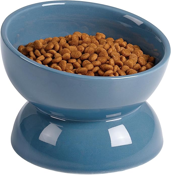 ABRUTY Cat Water Bowl, 16 OZ Ceramic Elevated Cat Bowls, 15° Tilted and Raised Pet Food Dish, Anti Vomiting Protect Pets' Spines and Whisker Fatigue, Blue