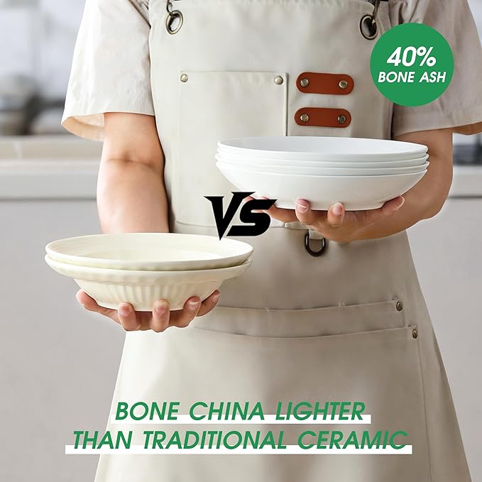 Bone China Pasta Bowls Set of 4, 23.5oz Soup Bowls White Salad Bowl, 8 inch Pasta Bowls Lightweight Wide Shallow Kitchen Plates for Serving Dinner - Microwave Dishwasher Safe, Kitchen Gifts