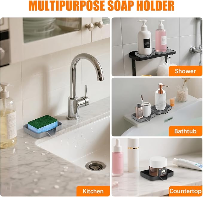 2 Pack Silicone Soap Dish, Self Draining Soap Dish, Non Slip Bar Soap and Sponge Holder for Bathroom Kitchen Sink Counter Organizer, Easy to Clean Soap Tray Waterfall Soap Saver 4.7"×3.9"
