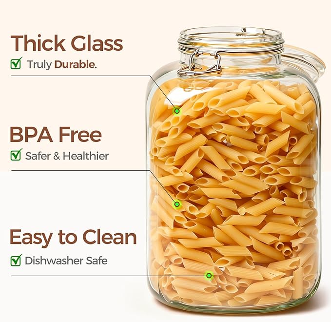 ComSaf 5L (1.3 Gal) Square Glass Rice Containers - Thick Food-Grade Glass Storage Jars with Airtight Hinged Lids & Reusable Labels - Perfect for Flour, Sugar, Pasta, Beans & Dry Goods, Set of 2