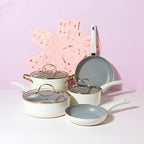 Paris Hilton Epic Nonstick Pots and Pans Set, Multi-layer Nonstick Coating, Tempered Glass Lids, Soft Touch, Stay Cool Handles, Made without PFOA, Dishwasher Safe Cookware Set, 12-Piece, Cream