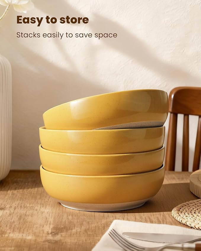 Metflavor Pasta Bowls Set of 8, 34oz Speckled Ceramic Bowls Set for Serving Salad, Pasta, Soup, Dinner, 8" Wide and Deep Bowls, Dishwasher & Microwave Safe, Matte Terracotta Base (Ginger Yellow)