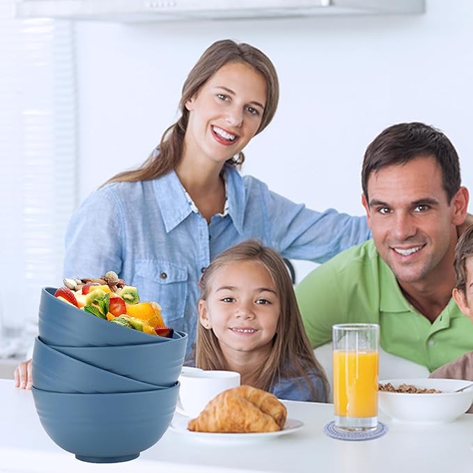 Unbreakable Wheat Straw Cereal Bowls Set of 4, 24 OZ Microwave and Dishwasher Safe Lightweight Soup and Salad Bowl Sets, Reusable Dessert Bowls for Rice, Pasta, Snack, Fruit, BPA Free (Dark Blue)