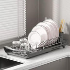 Expandable Dish Drying Rack for Sink or Countertop – Compact Stainless Steel Dish Drainer with Removable Utensil Holder, Rustproof Plate Rack for Small Kitchen Spaces, Grey