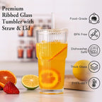 4PCS Ribbed Glass Cups with Lids and Straws, 20oz Vintage Drinking Glasses, Aesthetic Iced Coffee Cups, Glass Tumbler for Boba, Beer, Tea, Cocktails, Ribbed Glassware Set (Clear-6)