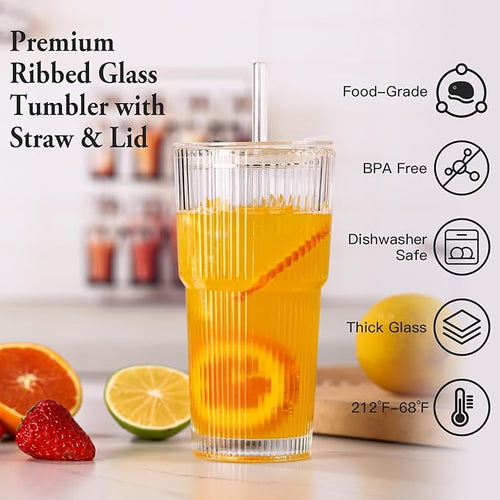4PCS Ribbed Glass Cups with Lids and Straws, 20oz Vintage Drinking Glasses, Aesthetic Iced Coffee Cups, Glass Tumbler for Boba, Beer, Tea, Cocktails, Ribbed Glassware Set (Clear-6)