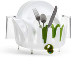 Chef'n Plastic Dish Garden Dish Rack, Compact & Stylish - Ideal for Small Kitchens, Space-Saving Two-Tier Design with Movable Utensil Holders & Drain Spout (White/Green)