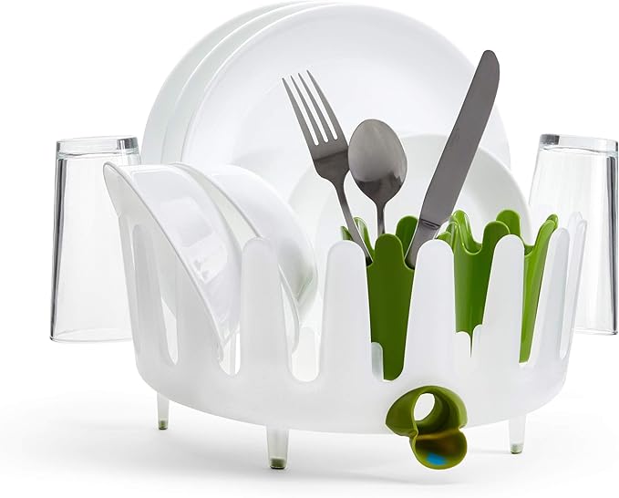 Chef'n Plastic Dish Garden Dish Rack, Compact & Stylish - Ideal for Small Kitchens, Space-Saving Two-Tier Design with Movable Utensil Holders & Drain Spout (White/Green)