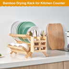 Bamboo Dish Drying Rack, 2 Tier Collapsible Dish Rack with Utensil Holder, Wooden Dish Drying Rack for Kitchen Counter, Large Folding Drying Holder, Dish Drainer 34 pcs Grid