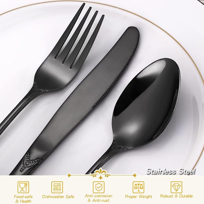 Gorgeous Retro Royal Black Silverware Set For 8,OIULO 40 Pieces Flatware Service 8,Stainless Steel Anti-rust Dark Fine Vintage Utensils Forks Spoons Knife,Antique Baroque Cutlery,Mirror Dishwasher