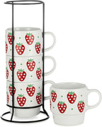 Signature Housewares Stackable Coffee Mug Tower Set with Metal Wire Rack - 15 Ounce Coffee Mugs for Coffee, Tea, Cocoa, Milk, Cappuccino, Hot Chocolate Set of 4 - Strawberry Pattern