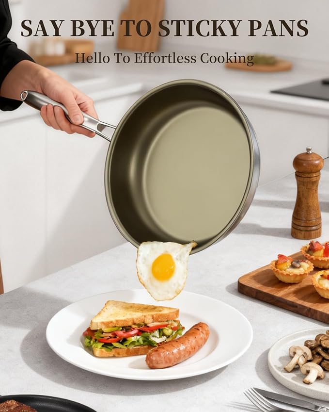 Nonstick Frying Pan Skillet 11inch, 18/10 Stainless Steel Pan, Titanium Pan with Cool Touch Handle, Non Stick Pan, PTFE & PFOA Free, Dishwasher & Oven Safe, Compatible with All Cooktops