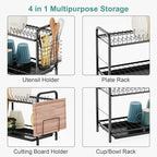 GSlife Dish Drying Rack, 2 Tier Rust-Resistant Dish Rack with Drainboard Compact Dish Drainer with Utensil Holder, Cutting Board Holder for Kitchen Counter, Black