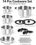 Michelangelo 14pcs Tri-Ply Stainless Steel Cookware Set with Detachable Handle, Induction Kitchen Cookware Set, Oven Safe Pots and Pans, Stackable RV/Camping Cookware