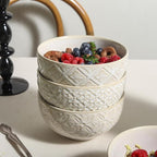 Soup Bowls 26 Oz - 6 inch Ceramic Cereal Bowls Set of 4, Kitchen Serving Dish, Embossed Bowl for Salad, Pho, Breakfast, Ramen, Rice, Dishwasher & Microwave Safe, Decorative Housewarming Gift
