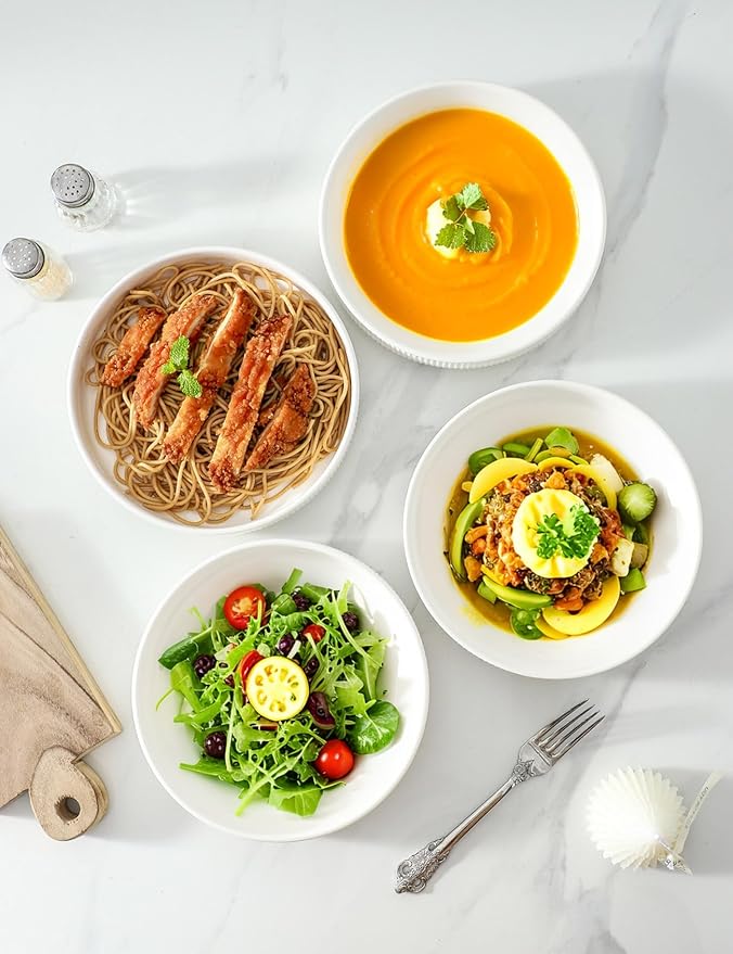 UBEE 8.5 inch Ceramic Pasta Bowls Set of 4, Big Salad Bowl, Large Dinner Plates, Microwave and Dishwasher Safe Ribbed Serving Bowls, White
