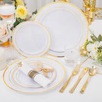DaYammi 210PCS Gold Plastic Dinnerware Set Gold Plates Disposable Disposable Plates for Party Include: 30 Dinner Plates,30 Dessert Plates,30 Pre Rolled Napkins with Gold Silverware,30 Cups for Wedding