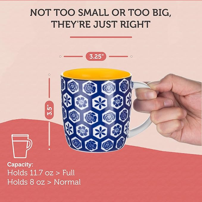 Annovero Small Coffee Cups - 11.7 Oz Capacity - Porcelain Kitchen Mugs for Tea, Latte, Cappuccino, or Hot Cocoa - Set of 6